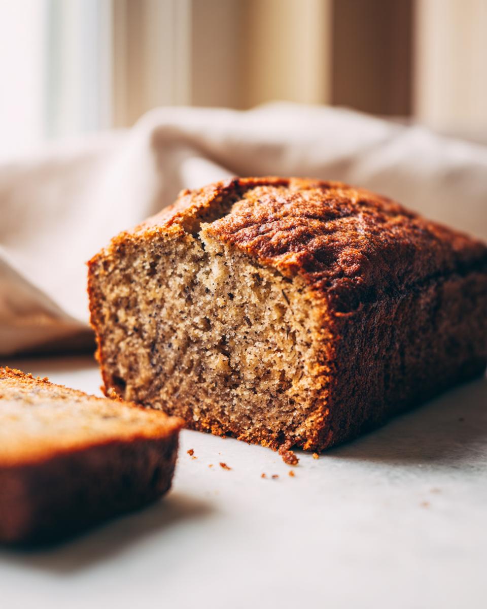 Close-up of a freshly baked 5-Ingredient Banana Bread loaf with a slice cut, showing the moist texture.