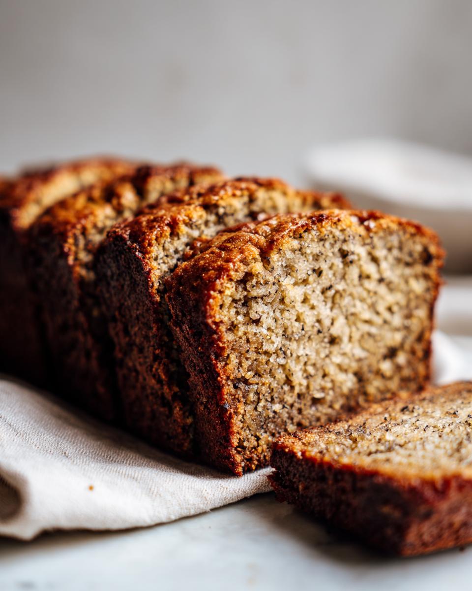 Close-up of a sliced loaf of 5-Ingredient Banana Bread on a cloth, showing the moist texture.
