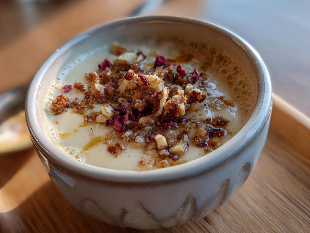 A bowl of creamy porridge topped with nuts, brown sugar, and rose petals, a quick 5-Ingredient Breakfast Ideas.