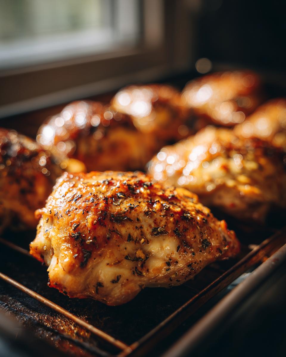 Close-up of baked 5-Ingredient Chicken on a wire rack, showing crispy skin and herb seasoning.