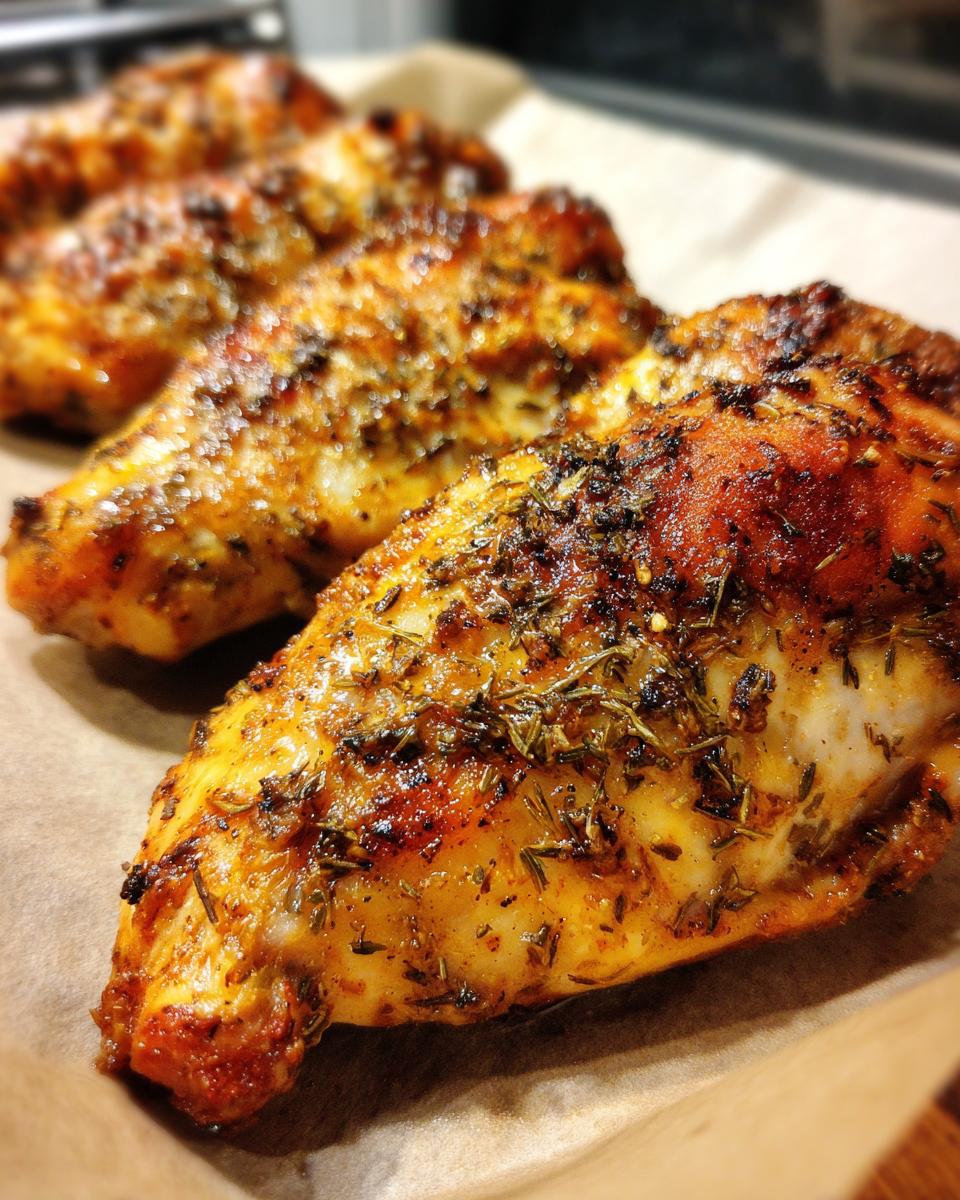 Close-up of baked 5-Ingredient Chicken breasts seasoned with herbs on parchment paper.
