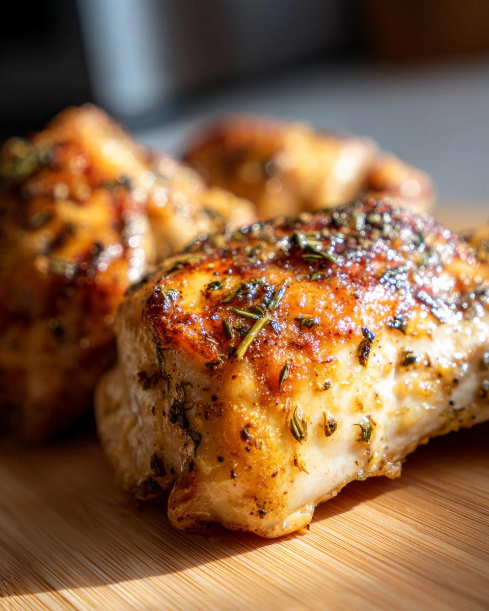 Close-up of seasoned and cooked 5-Ingredient Chicken pieces on a wooden board.