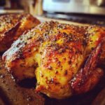 Close-up of a roasted 5-Ingredient Chicken, golden brown and seasoned with herbs, on a baking sheet.