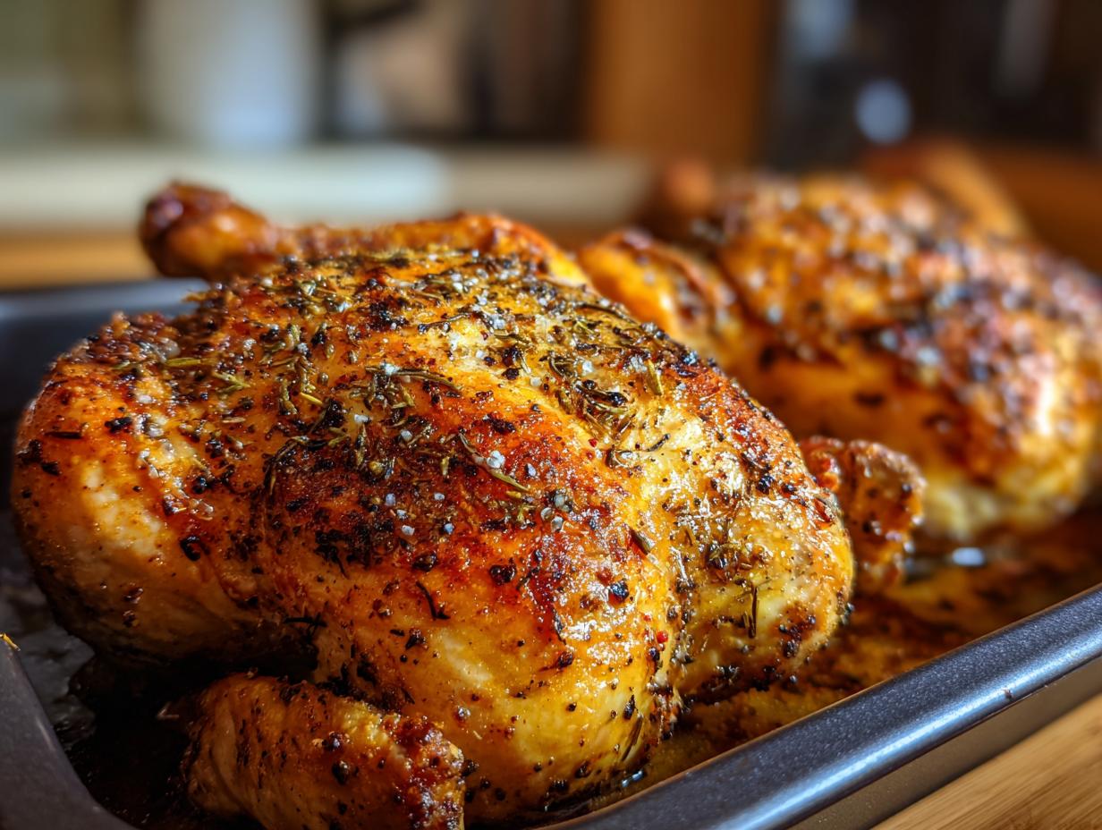 Two roasted chickens seasoned with herbs and spices, showcasing a simple 5-Ingredient Chicken recipe.