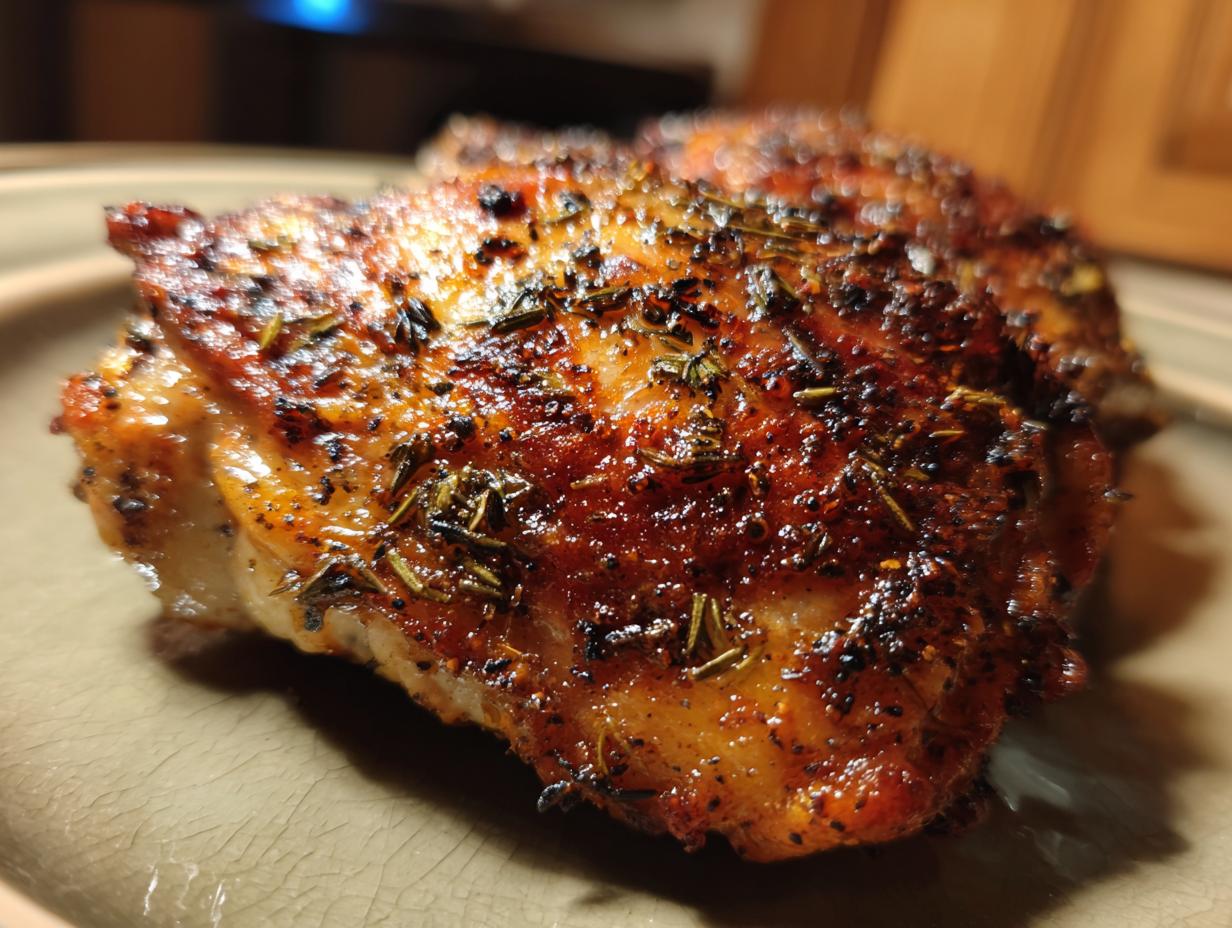 Close-up of a perfectly cooked 5-Ingredient Chicken Thigh Recipes, seasoned with herbs and spices.