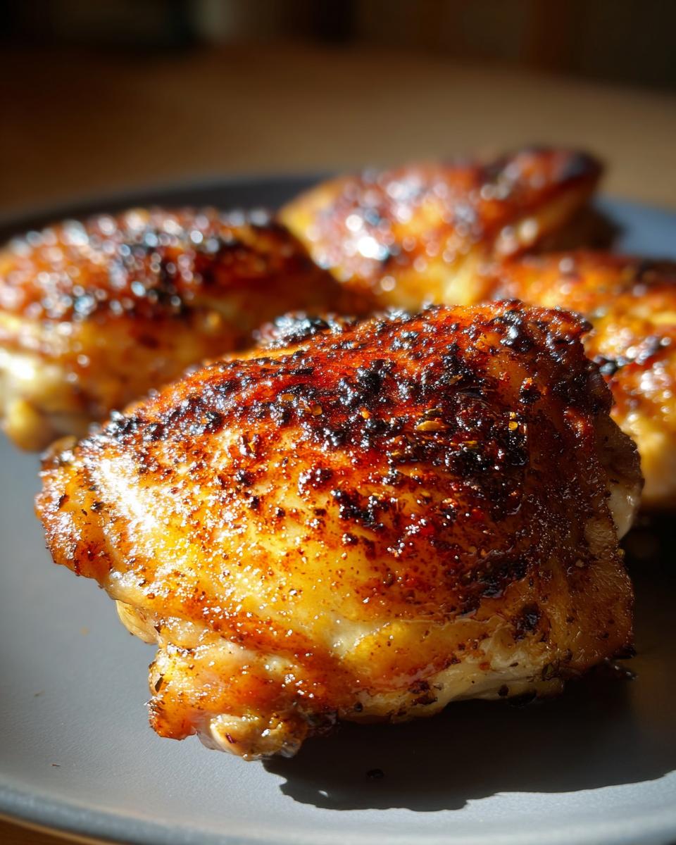 Close-up of perfectly cooked, crispy 5-Ingredient Chicken Thighs on a plate.