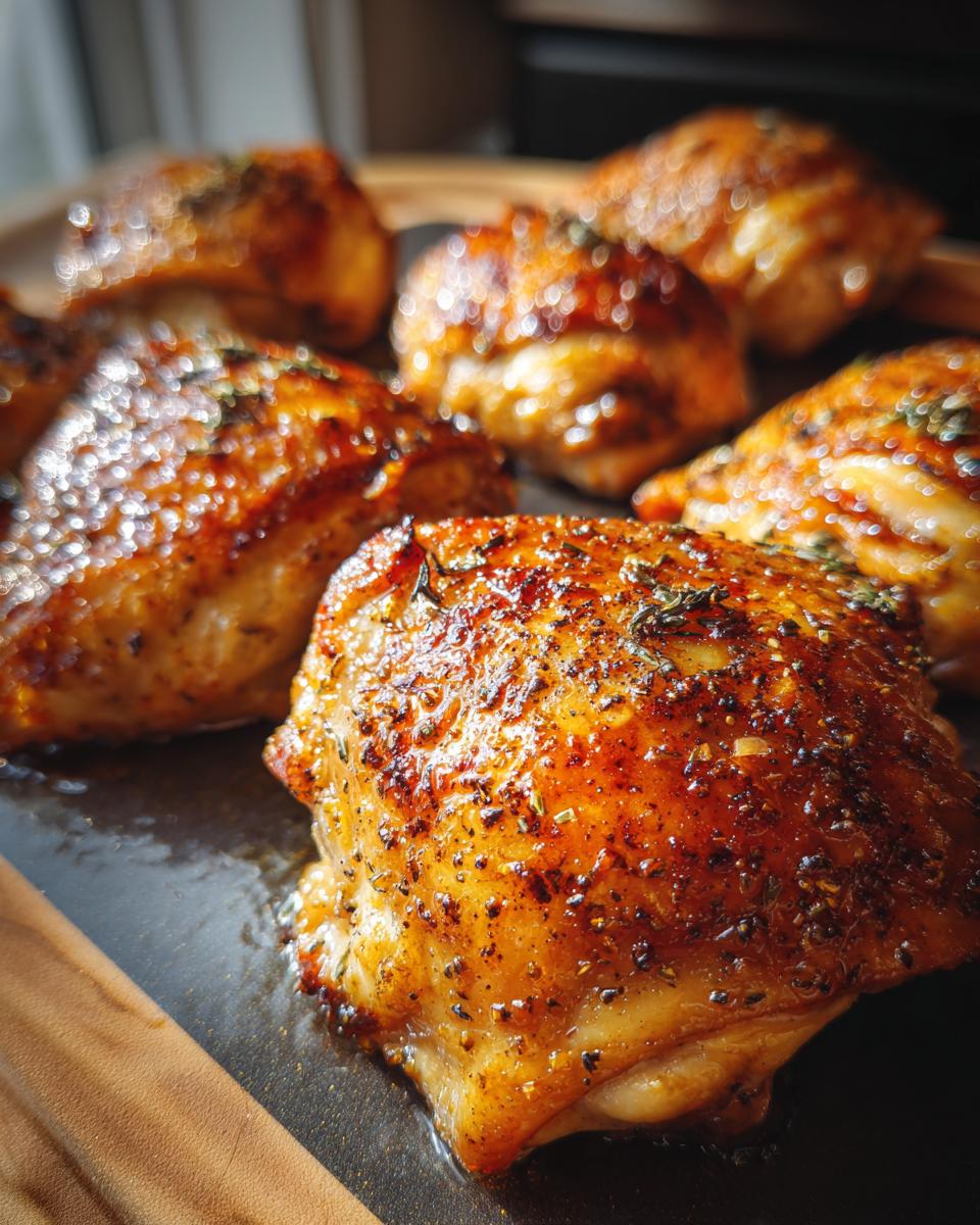 Close-up of several golden-brown, seasoned 5-Ingredient Chicken thighs on a baking sheet.