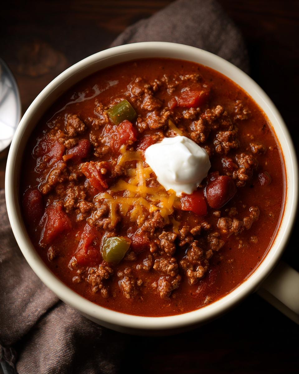 A bowl of hearty chili, one of the easy 5-Ingredient Ground Beef Recipes, topped with sour cream and cheese.