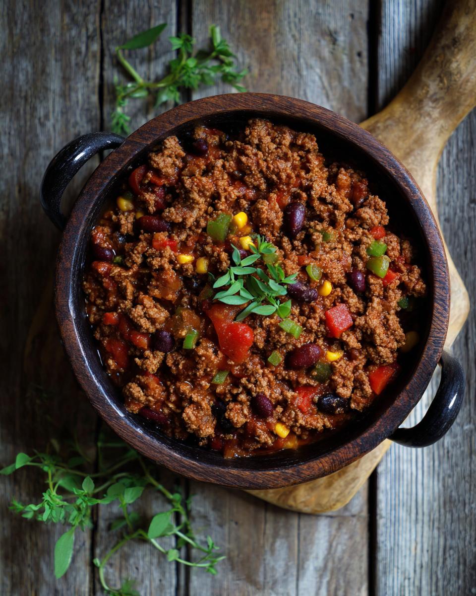 Overhead shot of a hearty 5-Ingredient Ground Beef Recipe in a wooden bowl, garnished with fresh herbs.
