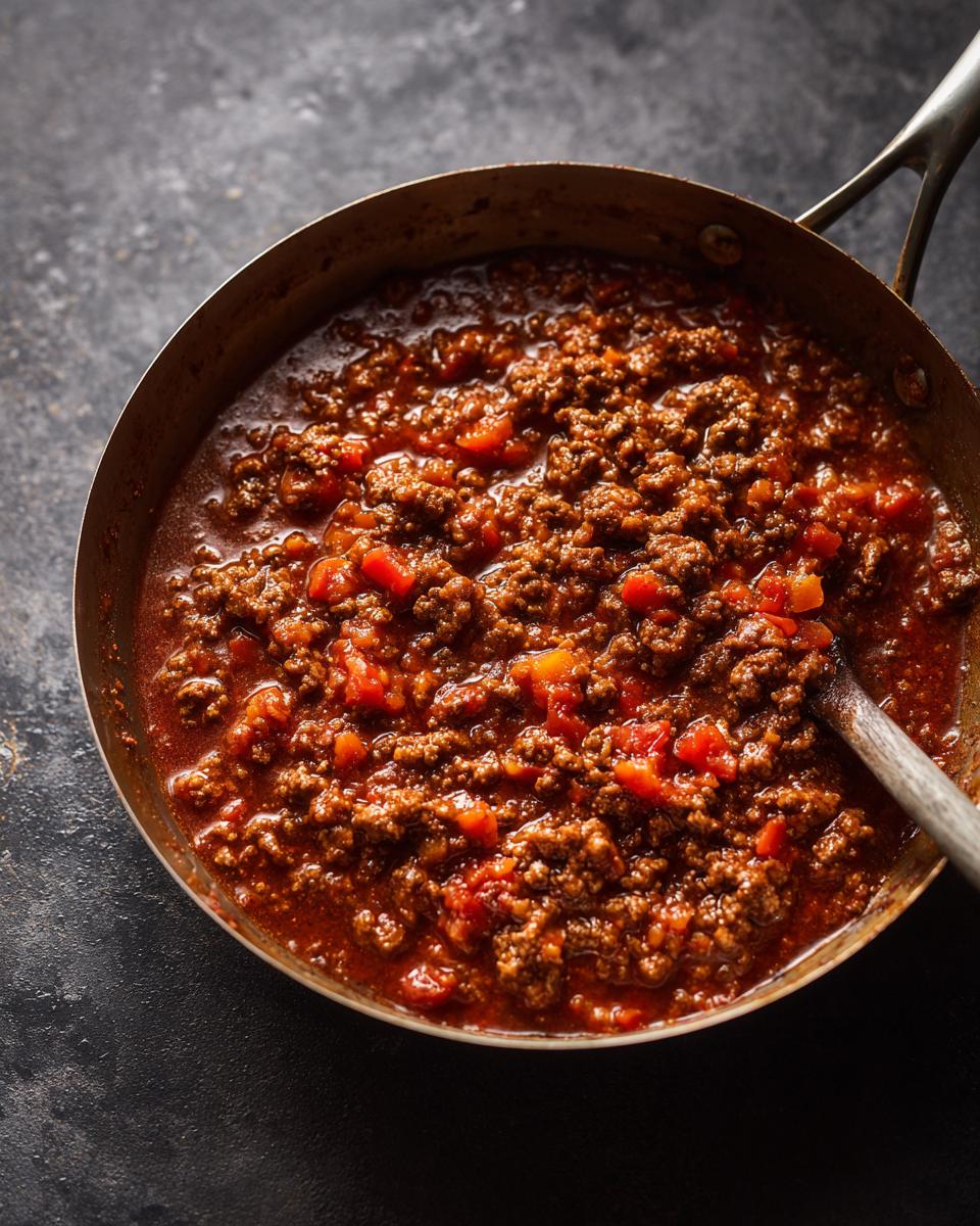 A pan filled with a delicious 5-Ingredient Ground Beef Recipe, featuring ground beef, tomatoes, and sauce.