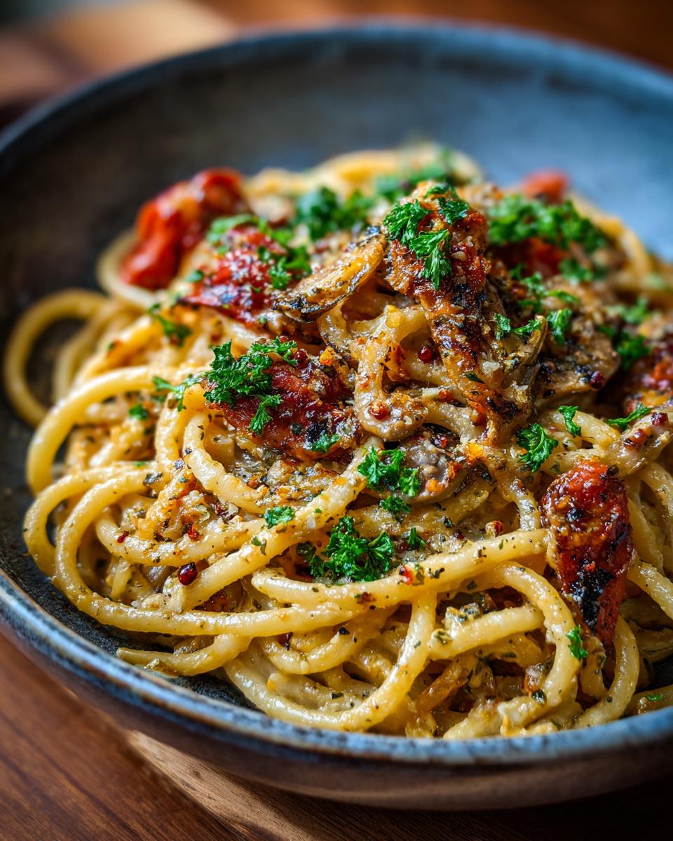 Bowl of 5-Ingredient Pasta Recipes with tomatoes, herbs, and spices, ready to eat.