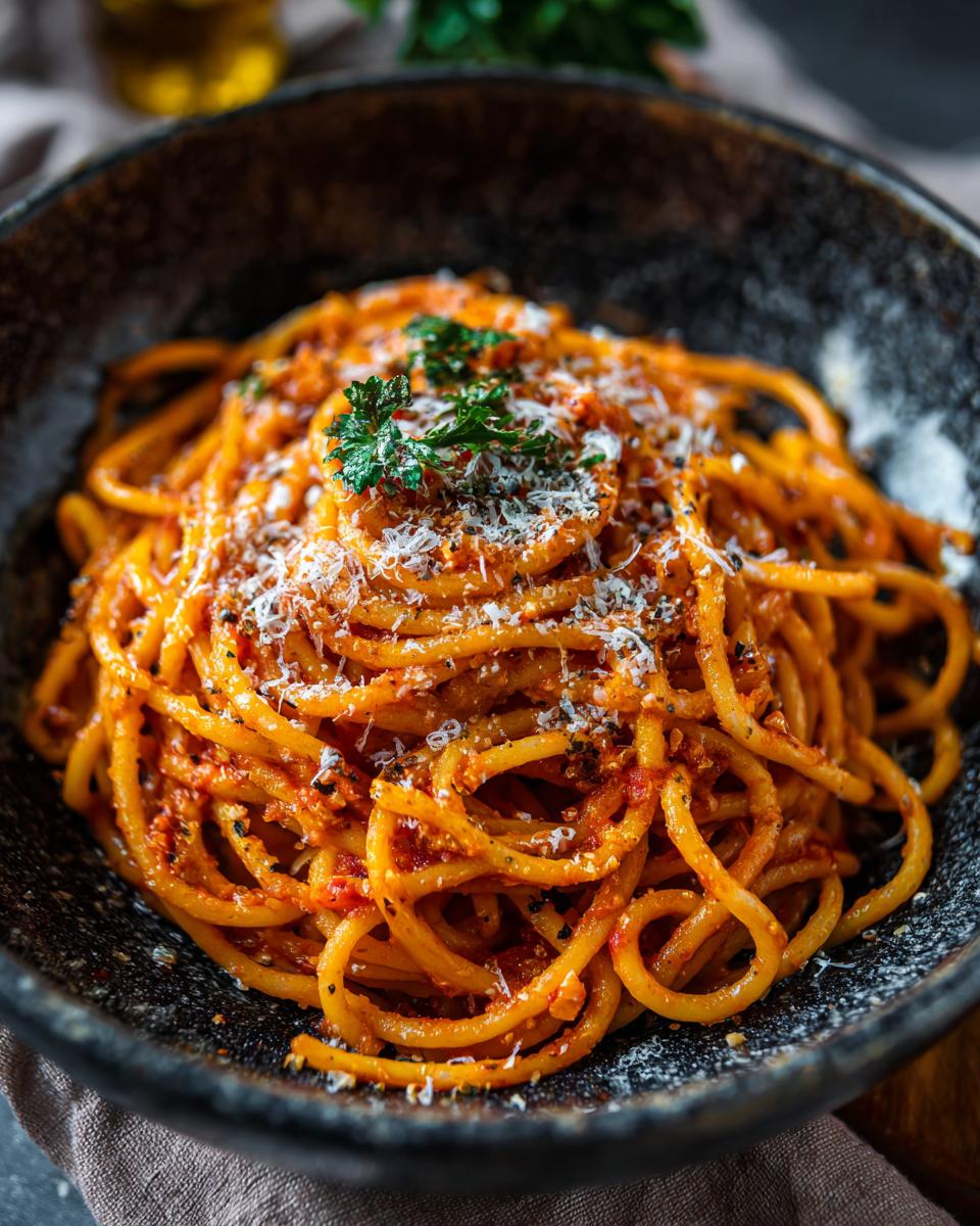 Close-up of 5-Ingredient Pasta Recipes, featuring spaghetti with tomato sauce, parmesan, and parsley in a dark bowl.
