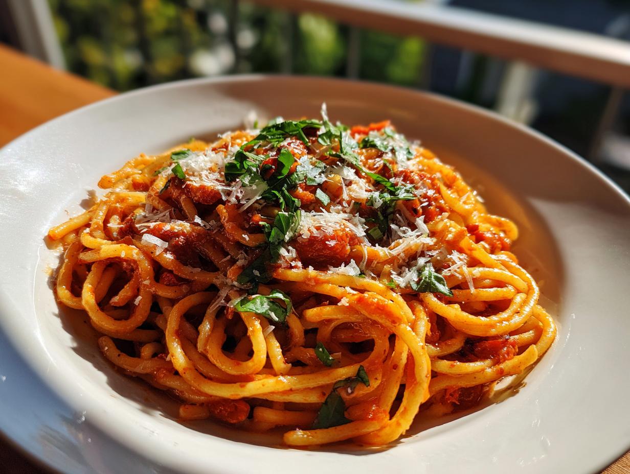 A plate of 5-Ingredient Pasta Recipes, topped with tomato sauce, cheese, and fresh basil.