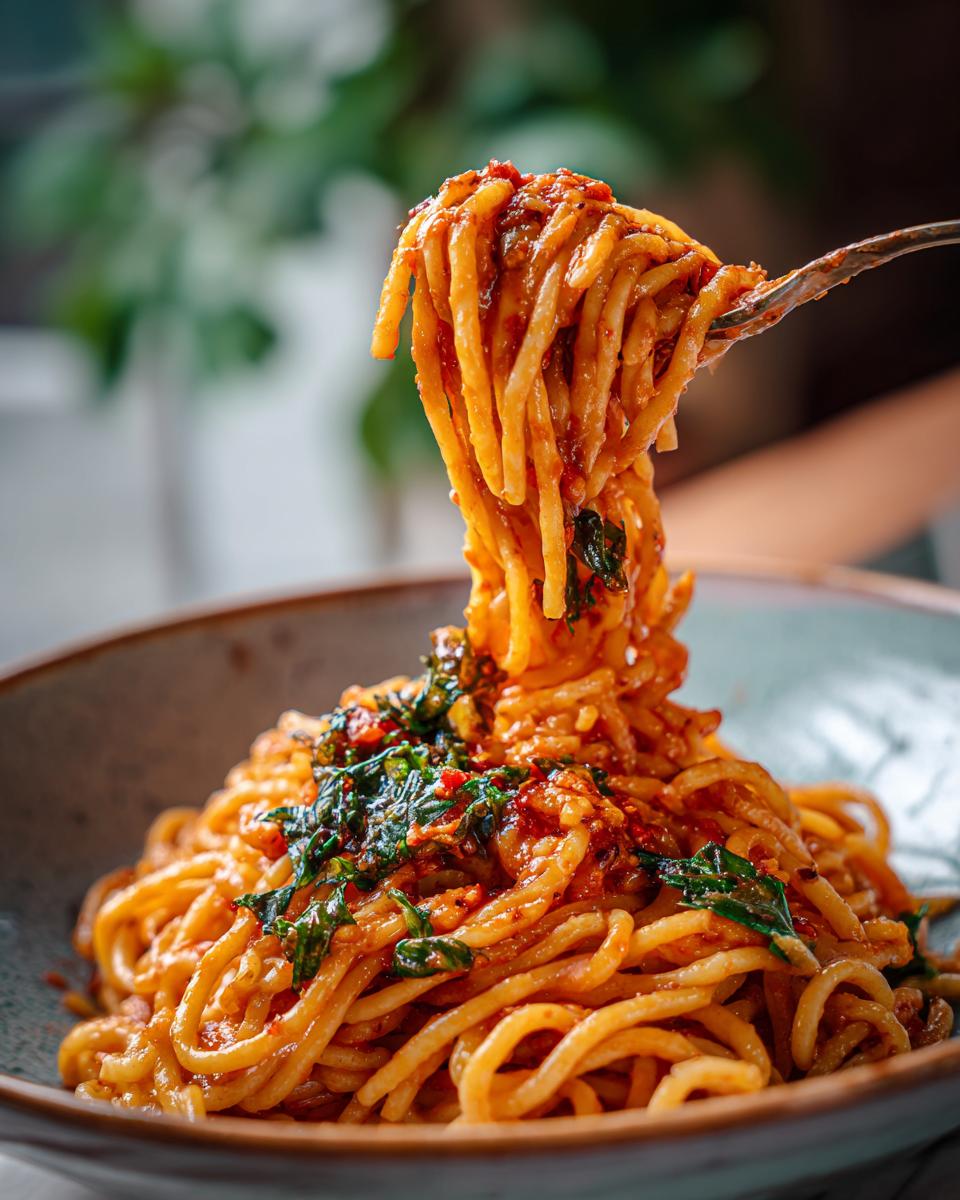A fork lifts a portion of 5-ingredient pasta recipes, revealing a rich tomato sauce and fresh basil.