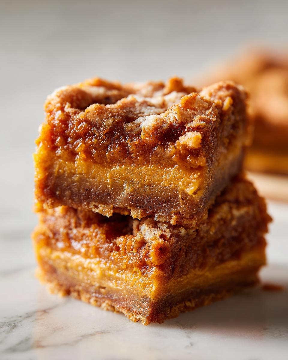 Two stacked 5-Ingredient Thanksgiving dessert bars with a golden crust and pumpkin filling, ready to serve.