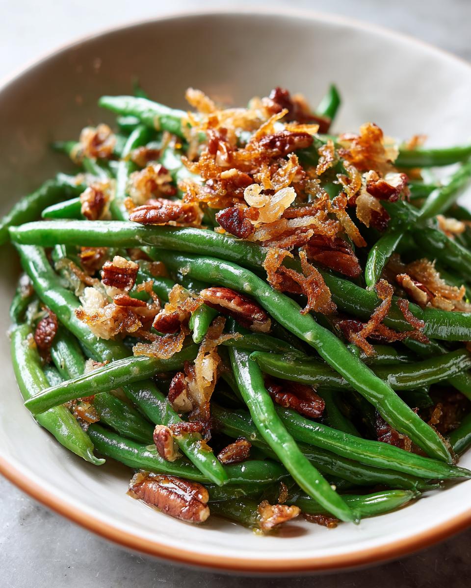 A bowl of 5-Ingredient Thanksgiving Green Beans topped with fried onions and pecans.