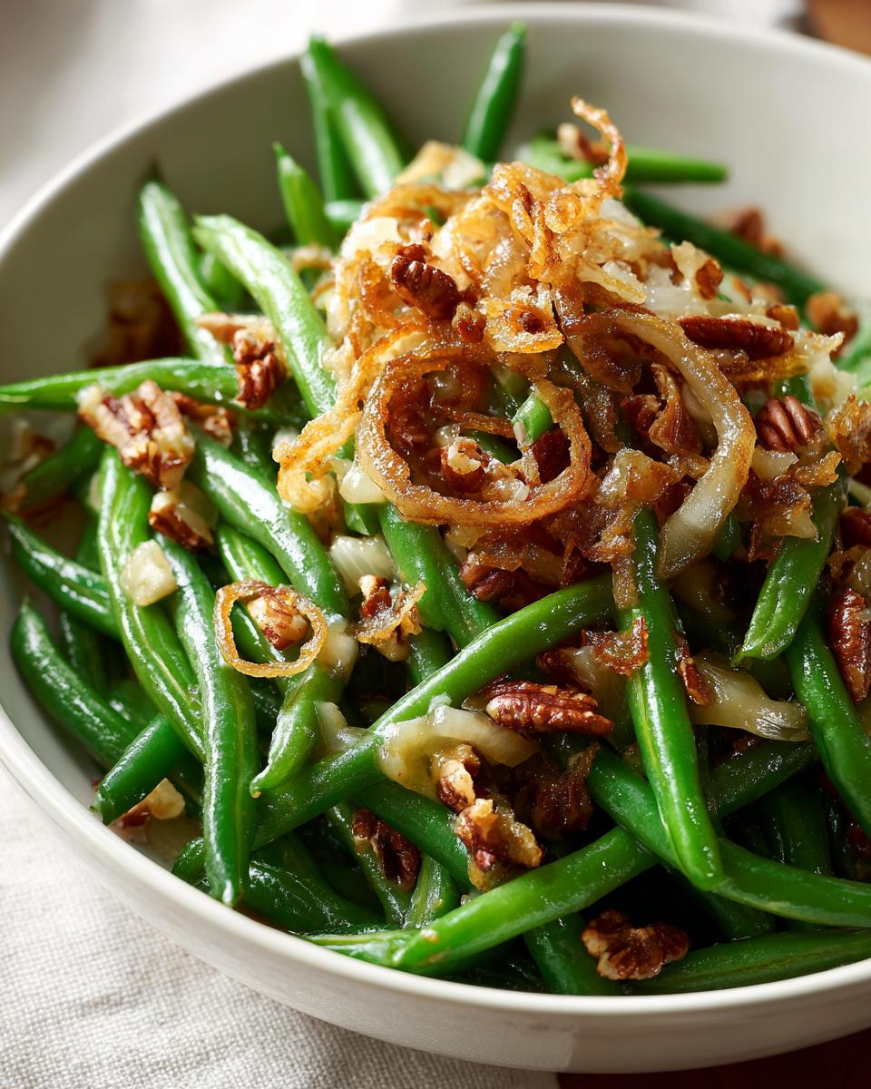 A bowl of 5-Ingredient Thanksgiving Green Beans, topped with fried onions and pecans.