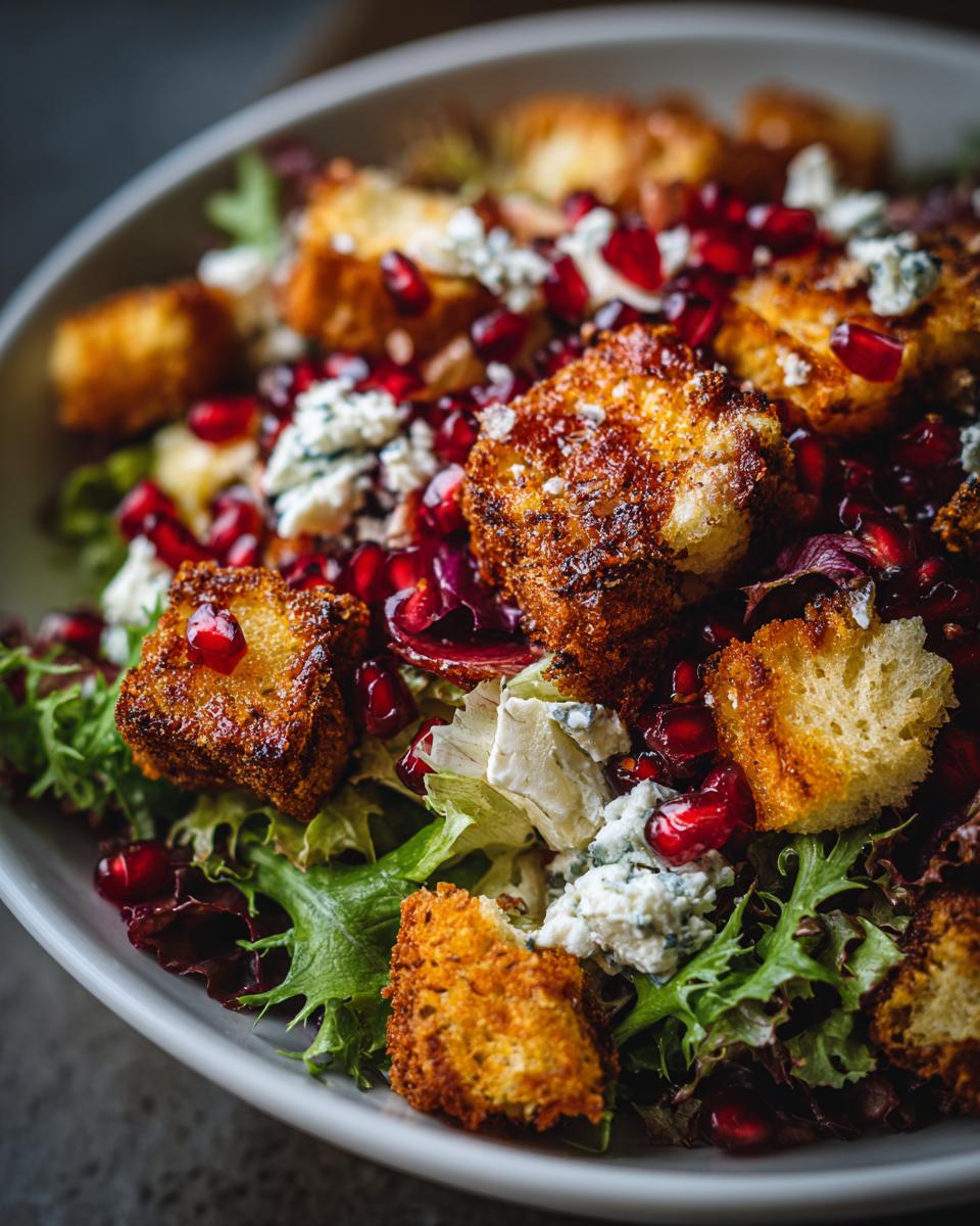 A vibrant 5-Ingredient Thanksgiving Salad featuring lettuce, fried bread, blue cheese, and pomegranate seeds.