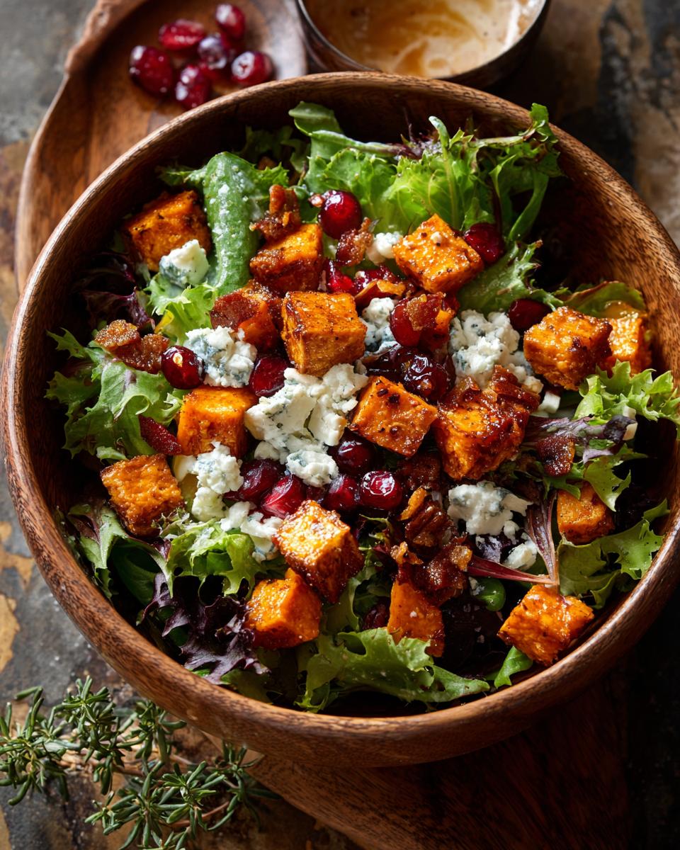 Wooden bowl filled with a 5-Ingredient Thanksgiving Salad featuring sweet potato, cranberries, and blue cheese.