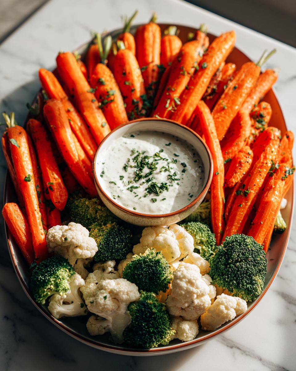 A colorful 5-Ingredient Thanksgiving Veggie Tray featuring carrots, broccoli, cauliflower, and a creamy dip.