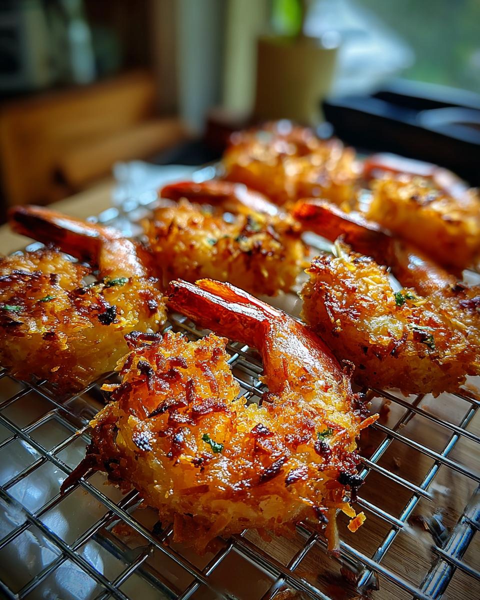 Several pieces of golden brown Air Fryer Crispy Coconut Shrimp displayed on a wire rack, ready to eat.