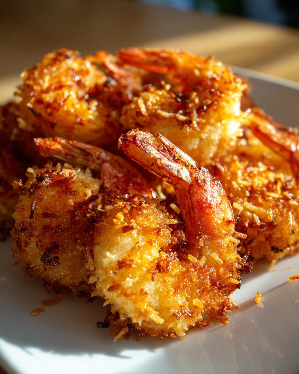Close-up of golden brown Air Fryer Crispy Coconut Shrimp on a white plate, showing the crispy coconut coating.