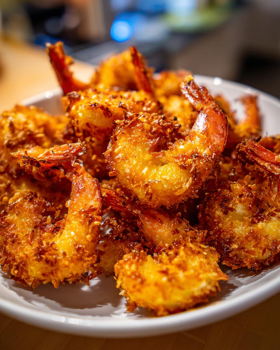 A plate piled high with golden brown Air Fryer Crispy Coconut Shrimp, ready to be enjoyed.