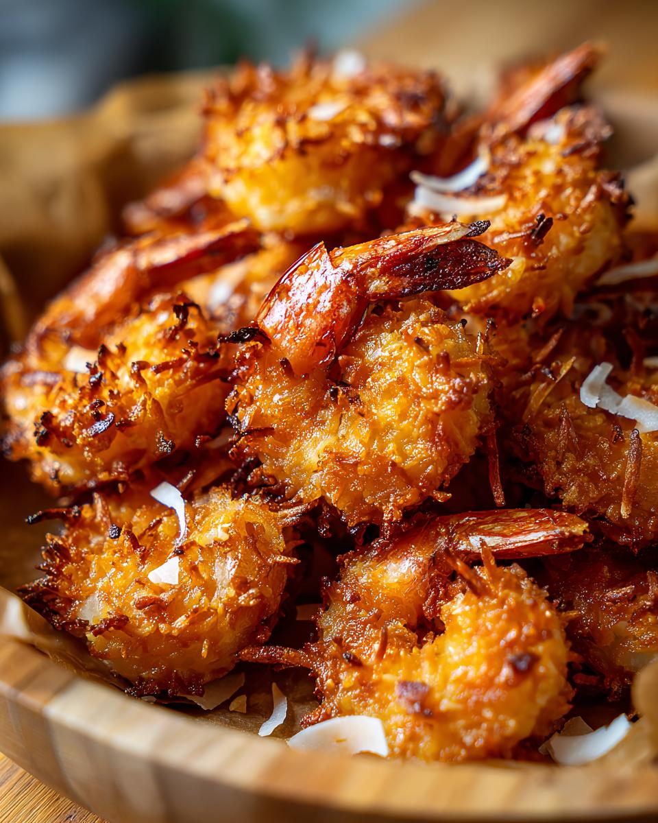 Close-up of golden brown Air Fryer Crispy Coconut Shrimp served in a wooden bowl.