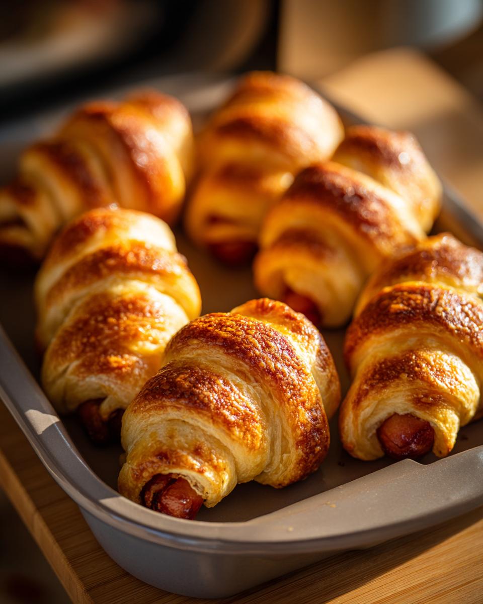 A batch of freshly baked Air Fryer Mummy Dogs on a baking sheet, golden brown and ready to eat.