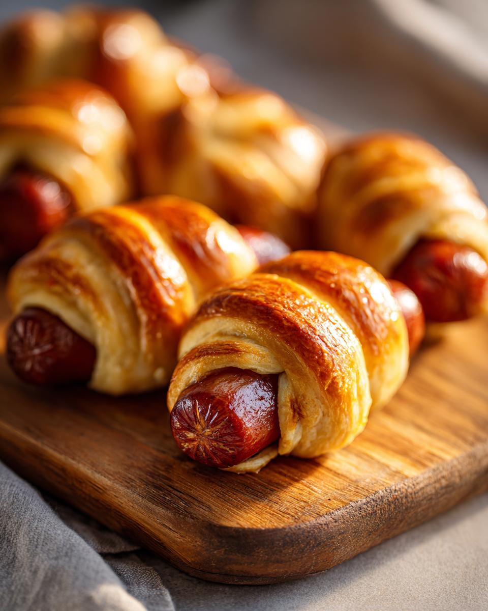 Close-up of golden Air Fryer Mummy Dogs on a wooden board, showcasing their flaky pastry and savory filling.