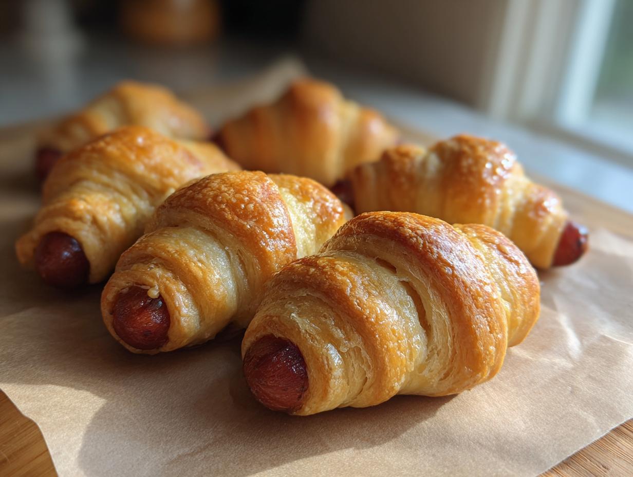 Several golden brown Air Fryer Mummy Dogs on parchment paper, showcasing the flaky croissant dough and cooked hot dogs.