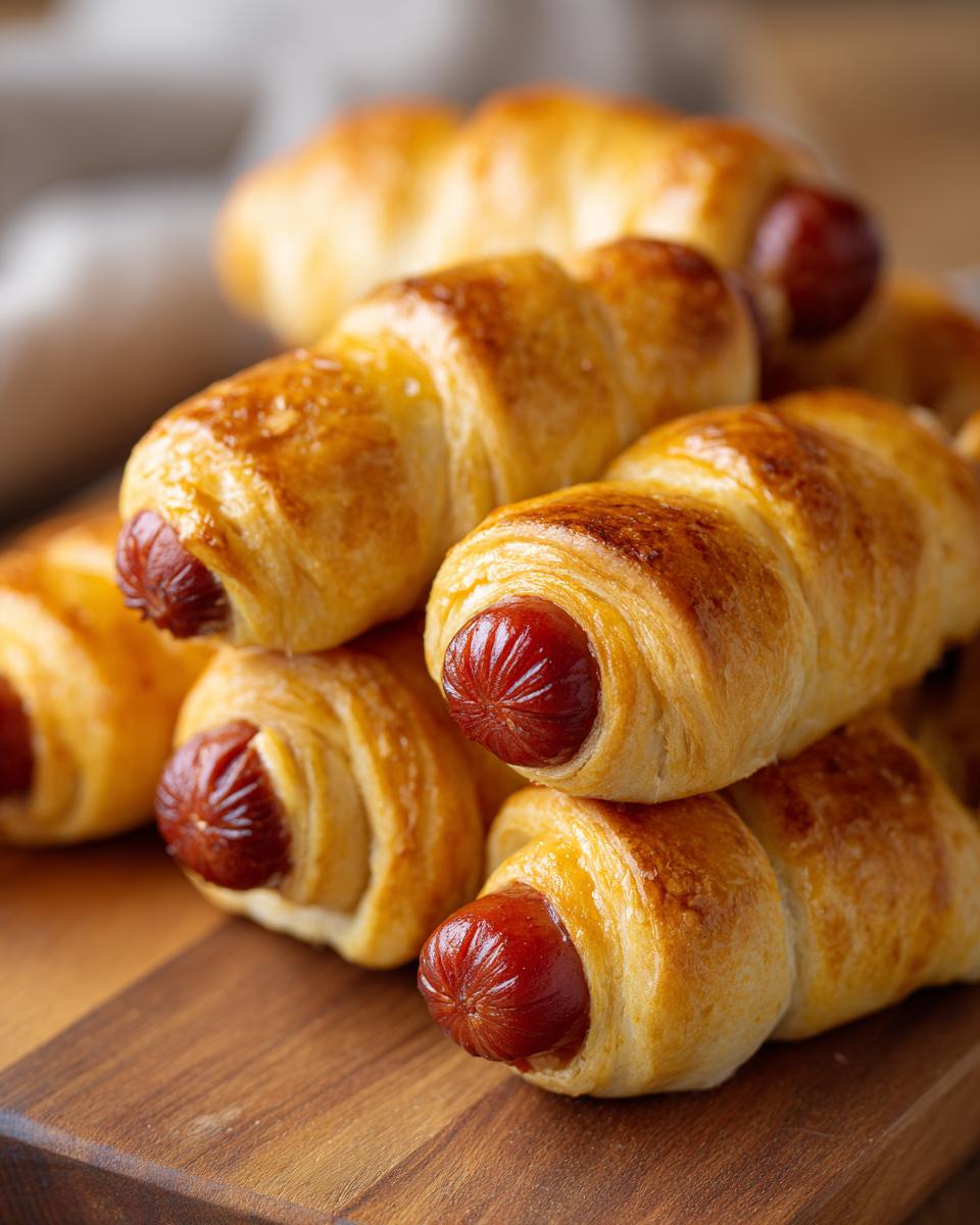 A stack of golden brown Air Fryer Mummy Dogs on a wooden board, showcasing their crispy, mummy-like wraps.
