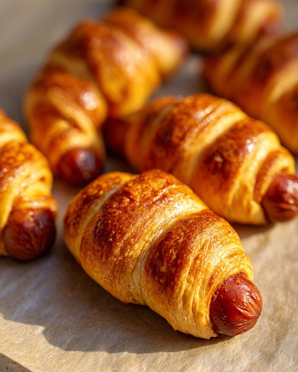 Close-up of golden brown Air Fryer Mummy Dogs on parchment paper, showcasing their crispy texture.