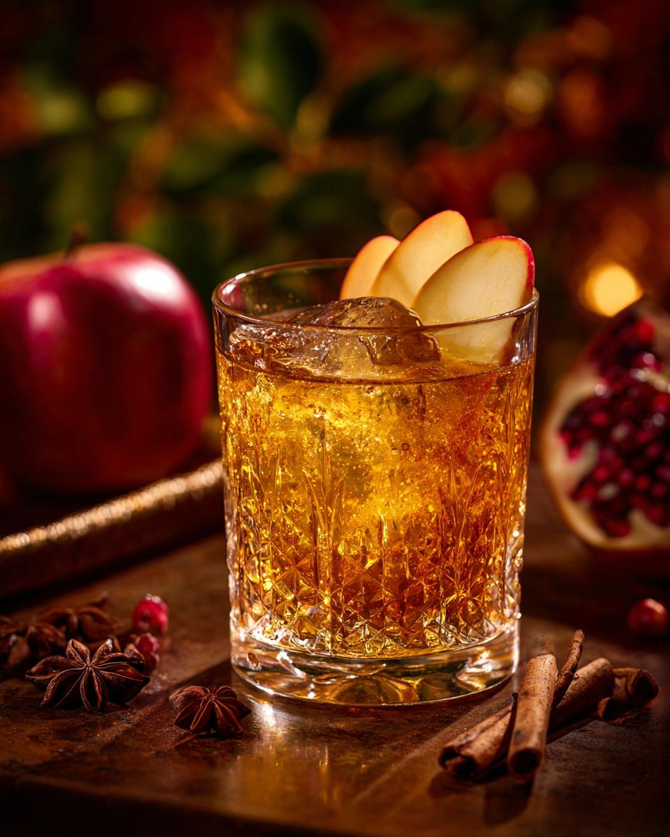 A refreshing apple cider 5-ingredient Thanksgiving drink with ice and apple slices in a glass.