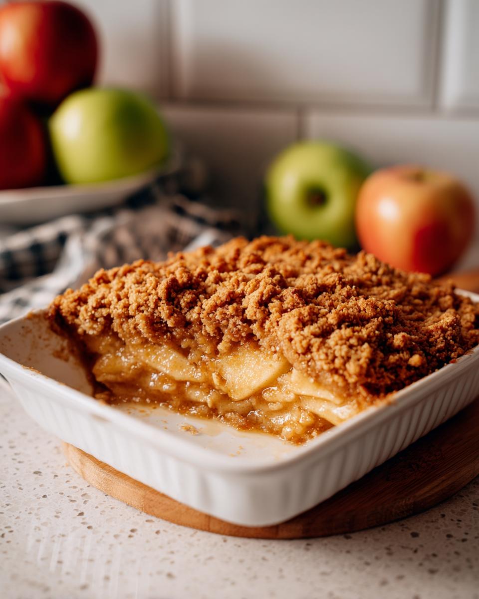 Baked apple crisp in a white dish, a delicious and easy One-Pan Thanksgiving Desserts option.