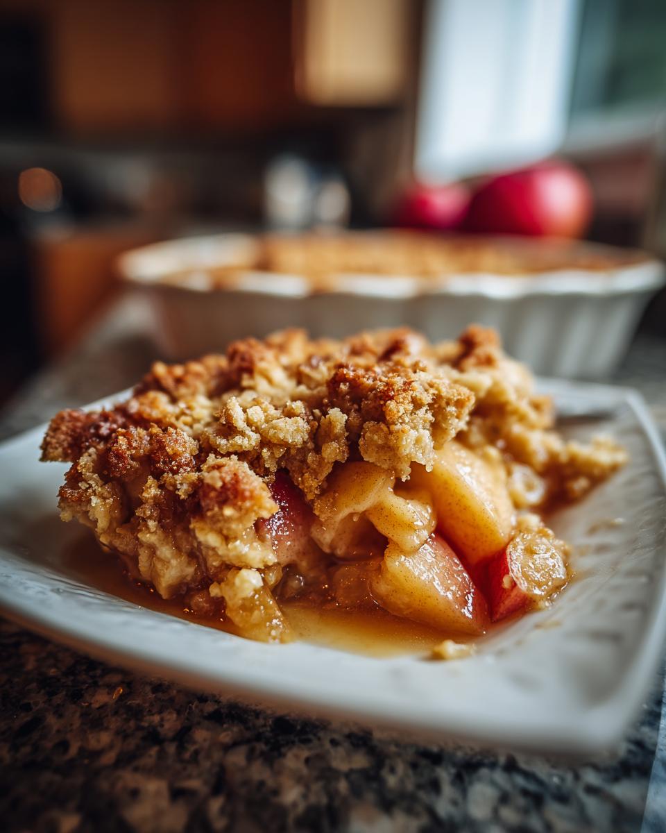 A slice of apple crumble, a delicious and easy One-Pan Thanksgiving Desserts option, on a white plate.