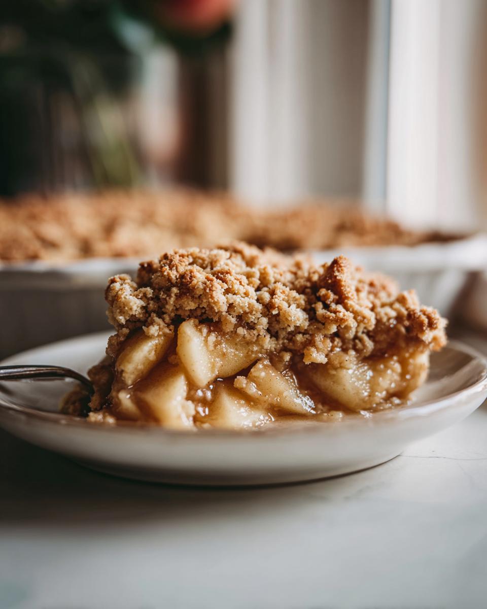 A slice of apple crumble, a perfect example of One-Pan Thanksgiving Desserts. Crisp topping and juicy apple filling.