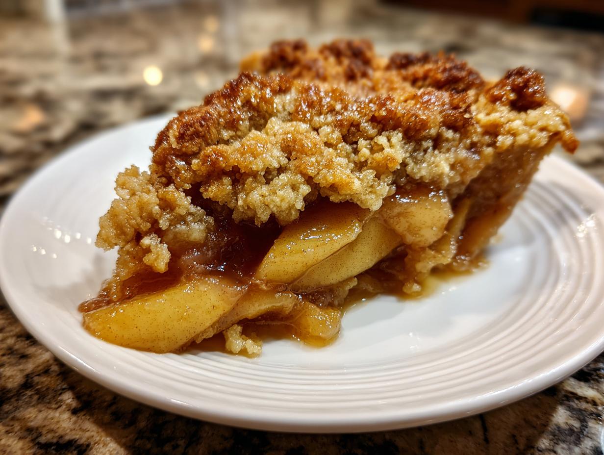 A slice of apple crumble pie, perfect for One-Pan Thanksgiving Desserts, sits on a white plate with a golden crumble topping.