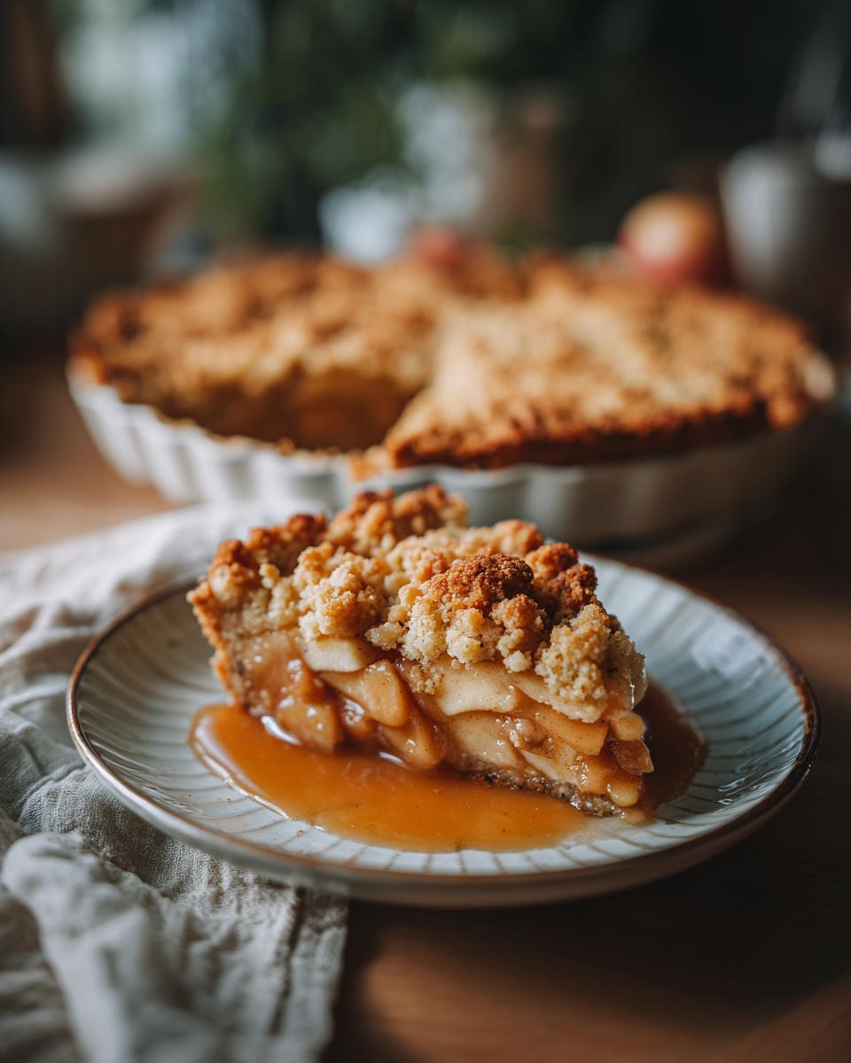 Slice of apple crumble pie, a delicious One-Pan Thanksgiving Desserts option, with a golden crust and caramel sauce.