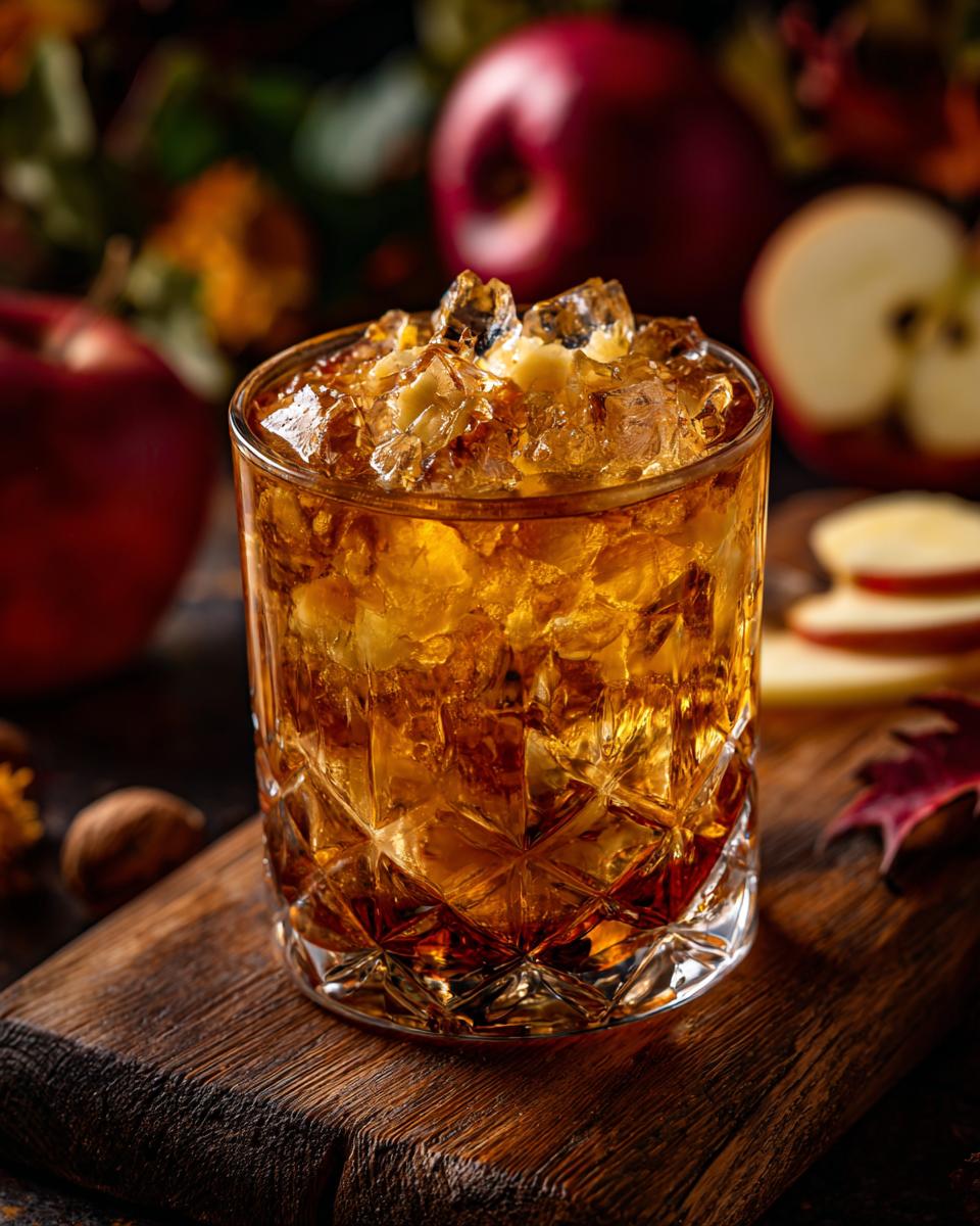 A refreshing apple drink with ice, perfect for 5-Ingredient Thanksgiving Drinks. Festive autumn background.
