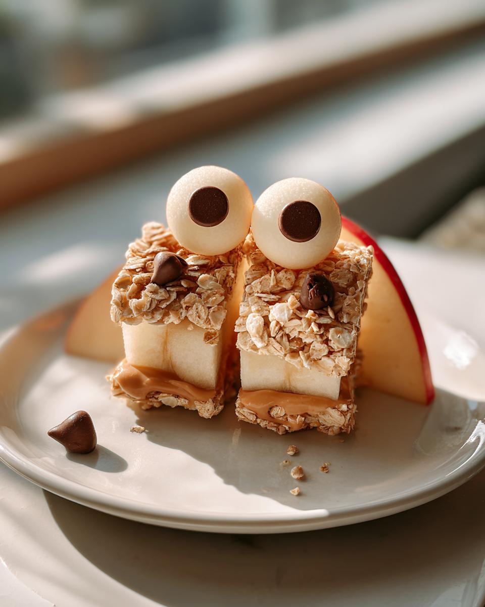 Two apple monster bites with peanut butter, oats, candy eyes, and chocolate chips on a plate.