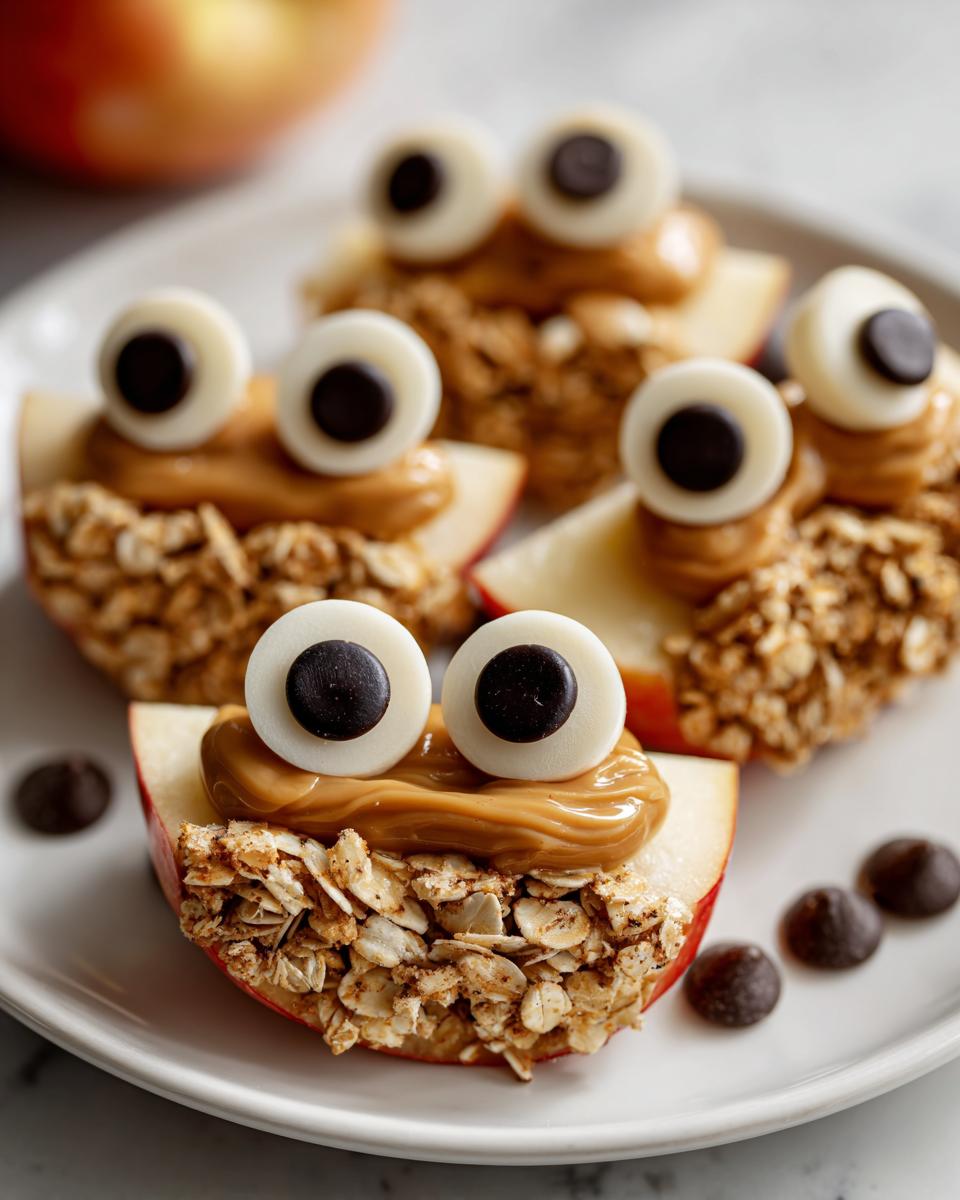 A plate of Apple Monster Bites, featuring apple slices topped with peanut butter, oats, and candy eyes.