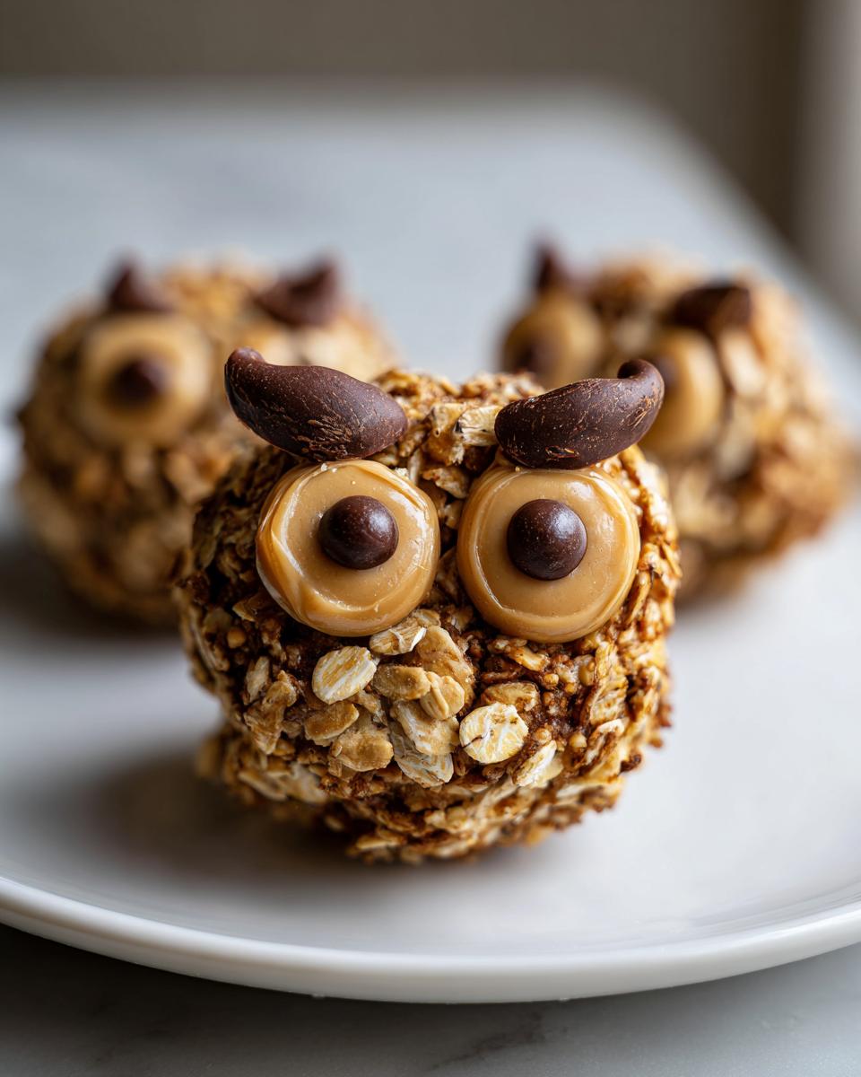 Close-up of three Apple Monster Bites decorated with oats, caramel eyes, and chocolate chip eyebrows.
