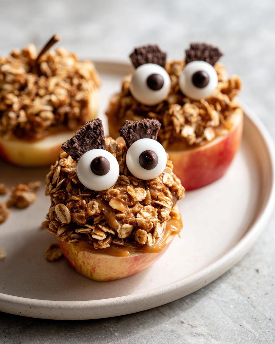 Three Apple Monster Bites on a plate, decorated with granola, candy eyes, and chocolate.