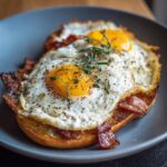 Two fried eggs with bacon on toast, garnished with herbs. A simple 5-Ingredient Breakfast Ideas.