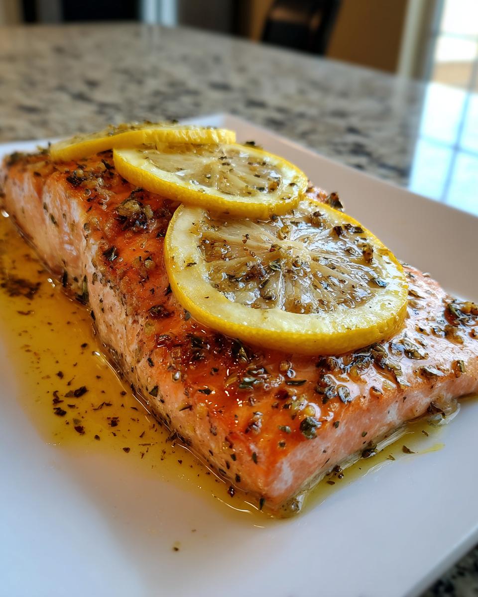 A delicious Bake-From-Frozen Salmon fillet, seasoned and topped with lemon slices, served on a white plate.
