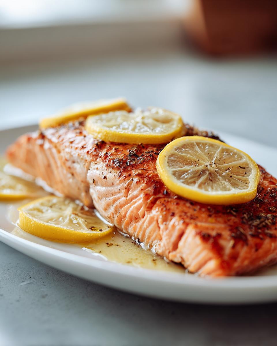 Close-up of Bake-From-Frozen Salmon, baked and topped with lemon slices on a white plate.