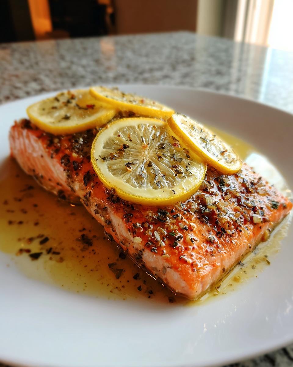 A perfectly Bake-From-Frozen Salmon fillet, topped with lemon slices and herbs, served on a white plate.