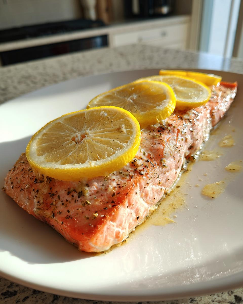 A fillet of Bake-From-Frozen Salmon on a white plate, garnished with lemon slices and herbs.