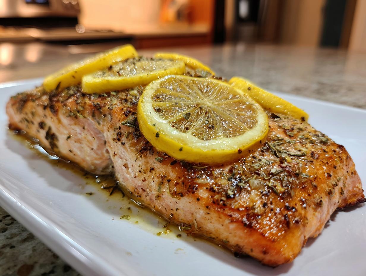 A delicious Bake-From-Frozen Salmon fillet, seasoned and topped with lemon slices on a white plate.